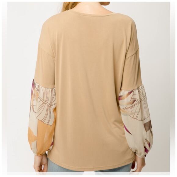 NWT, Women’s Tan Tropical Balloon Sleeve Top Sz Lrg Super Soft “Pretty” K252 - Picture 4 of 4